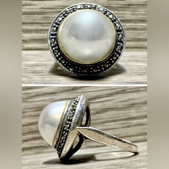 Vintage Handmade Sterling Silver Marcasite & Pearl Cocktail Ring Size 6.5